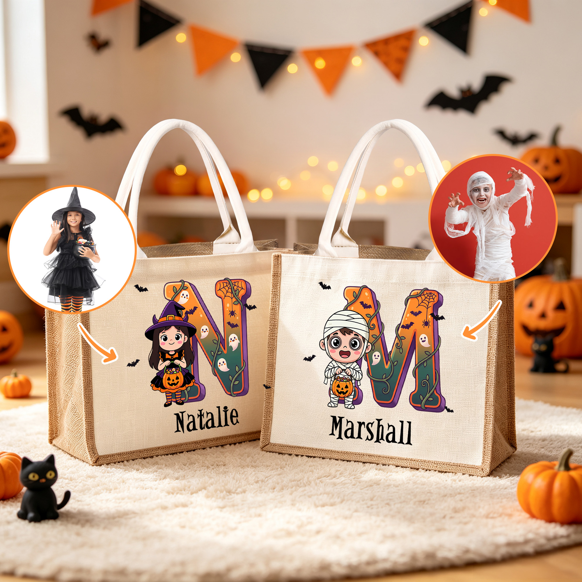 Personalisierte Jutetasche mit großem Fassungsvermögen und 3D-Effekt, mit Charakterfoto, Namen und Initialen – Halloween-Geschenk für Kinder zum „Süßes oder Saures“