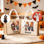Personlig 3D-effekt med motiv av karakterfoto – stor juteveske med navn og initialer – Halloween-gave til barn: «Trick or Treat»