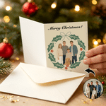 Personalized Minimalist Flat Style Family Portrait Holly Wreath Greeting Card with Title and Text Christmas Gift for Family Friends