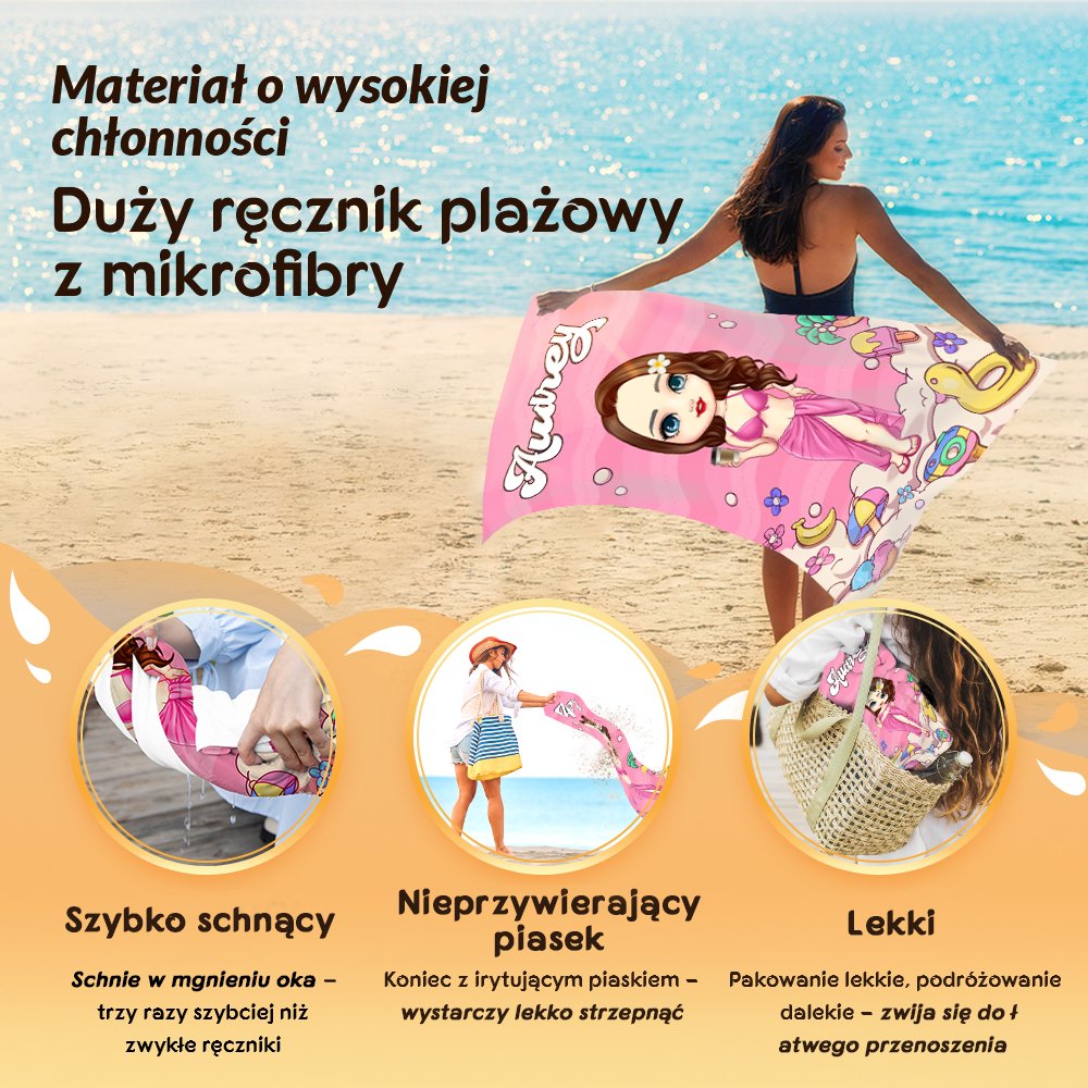 Personalizowany szybkoschnący duży ręcznik plażowy z postacią kreskówkową imieniem i workiem ze ściągaczem prezent dla dzieci i rodziny 9
