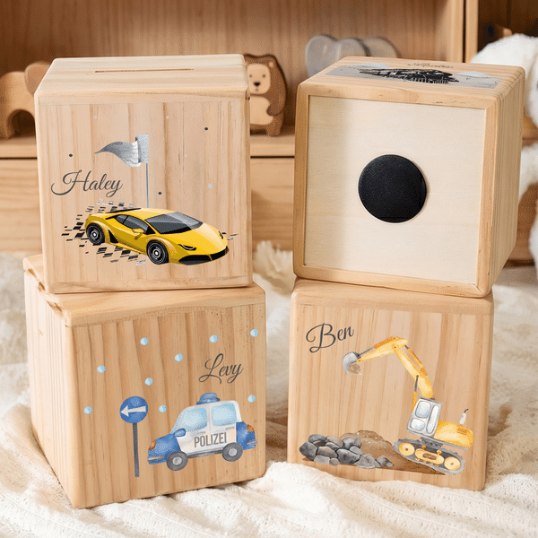 Personalized Watercolor Race Car Police Car Excavator Wooden Money Box Piggy Bank with Name Birthday Anniversary Gift for Kids
