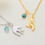 Personalized Birthstone Necklace with Bird Pendant Dainty Jewellery Birthday Anniversary Gift for Bird Enthusiasts Women