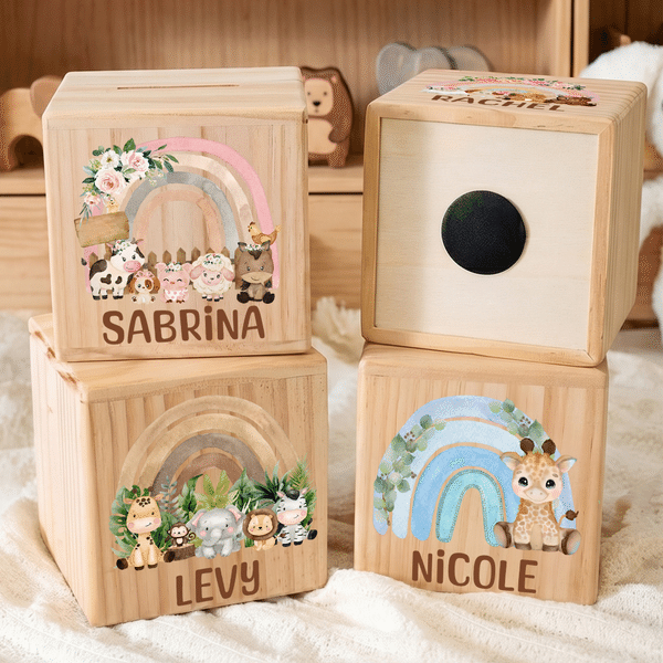 Personalized Cartoon Animal Rainbow Wooden Cube Money Box with Name Room Decor Birthday Anniversary Gift for Kids