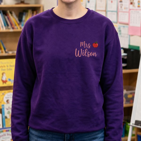 Personalized Multicolour Teacher Theme Red Apple Embroidered Sweatshirt with Text Back to School Teacher Appreciation Gift for Teachers Educators