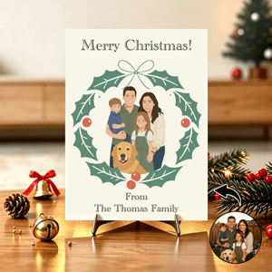 Personalized Minimalist Flat Style Family Portrait Holly Wreath Greeting Card with Title and Text Christmas Gift for Family Friends