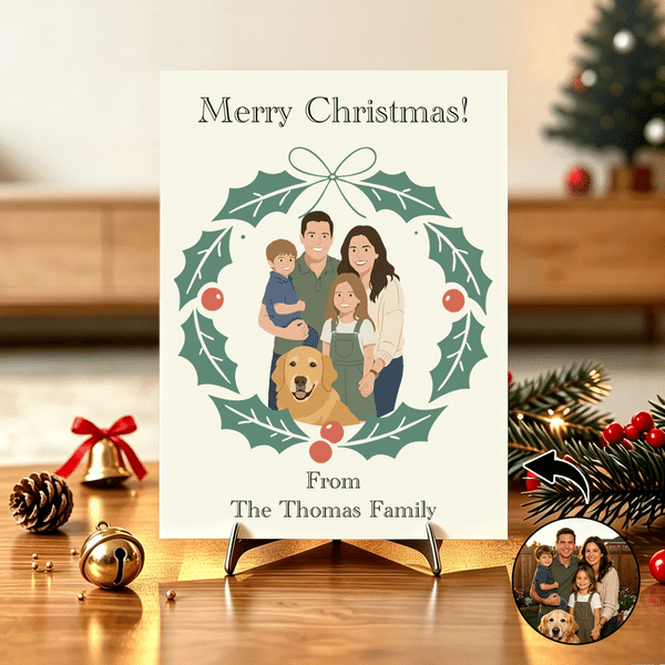 Personalized Minimalist Flat Style Family Portrait Holly Wreath Greeting Card with Title and Text Christmas Gift for Family Friends