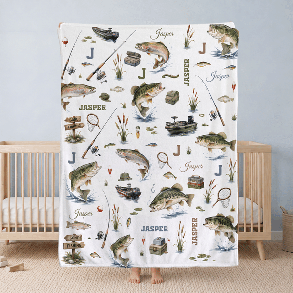 Personalized Gone Fishing Themed Soft Throw Blanket with Initial and Name Home Decor Birthday Baby Shower Gift for Newborns New Parents