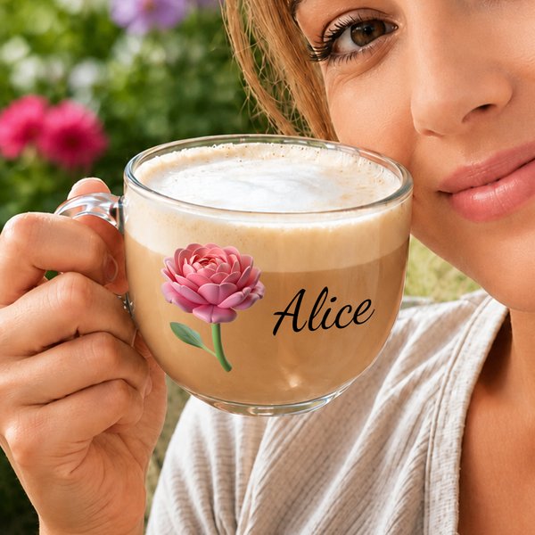 Personalized 3D-Effect Artwork Birth Flower Glass Cup with Name and Coaster Office Decoration Birthday Gift for Women