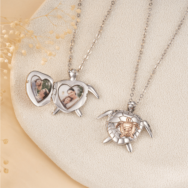 Personalised Sea Turtle 1-2 Heart Photos Necklace with Engraved Text Dainty Jewellery Anniversary Birthday Gift for Woman Ocean Lover