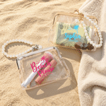 Personalized Beach Theme Coconut Tree Transparent Coin Handbag with Text and Faux Pearl Chain Summer Vacation Beach Party Birthday Gift for Women