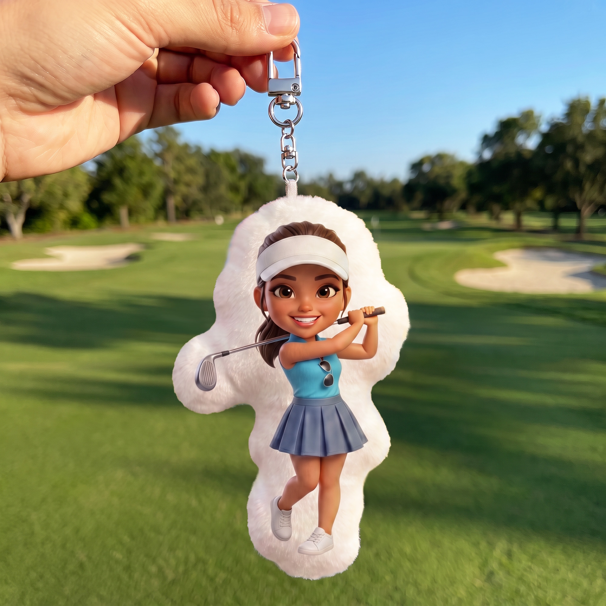 Personalisiertes 3D-Effekt-Kunstwerk mit Cartoon-Figur – Foto-Plüsch-Taschenanhänger, Schlüsselanhänger für den täglichen Gebrauch – Geburtstagsgeschenk für Golfbegeisterte und Golf-Väter