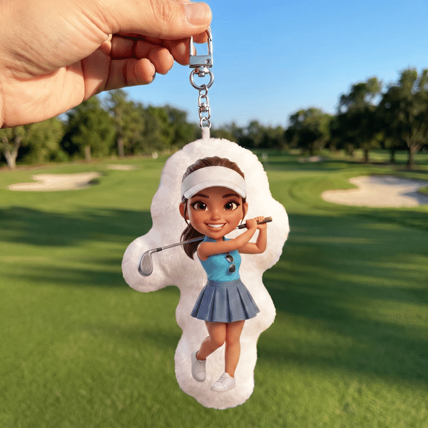 Personalised 3D-Effect Artwork Cartoon Character Photo Plush Bag Charm Keyring Daily Use Birthday Gift for Golf Lover Golf Dad
