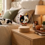 Personalized Halloween Quirky Cat Acrylic LED Night Light with Name and Wooden Base Room Decor Halloween Gift for Kids