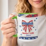 Personalised American Flag Bow Shaped Peal 11 oz 15 oz Ceramic Mug with Name and Handle Daily Use Birthday America's 250th Gift for Family Friends