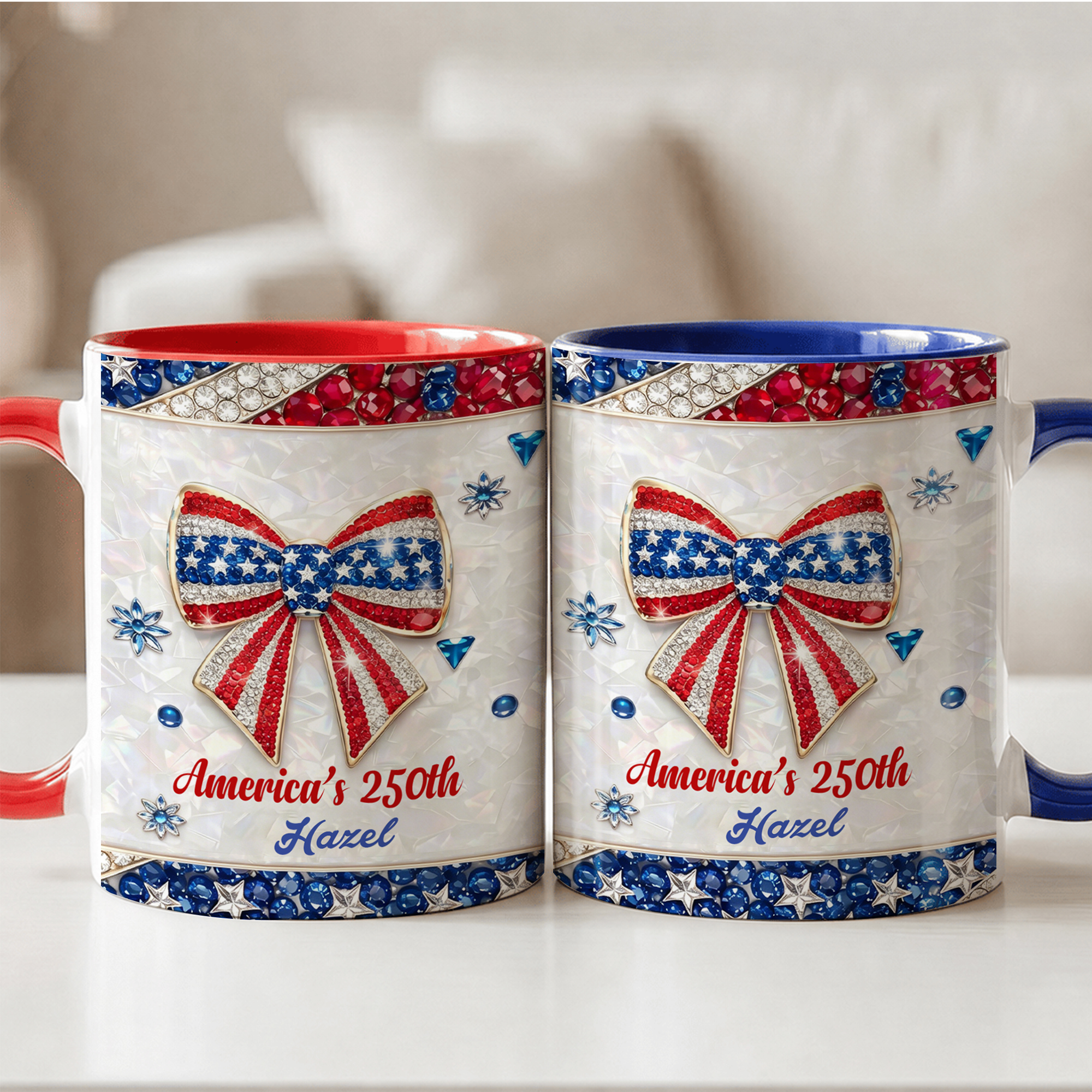 Personalized American Flag Bow Shaped Peal 11 oz 15 oz Ceramic Mug with Name and Handle Daily Use Birthday America's 250th Gift for Family Friends