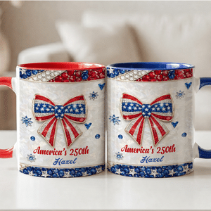 Personalized American Flag Bow Shaped Peal 11 oz 15 oz Ceramic Mug with Name and Handle Daily Use Birthday America's 250th Gift for Family Friends