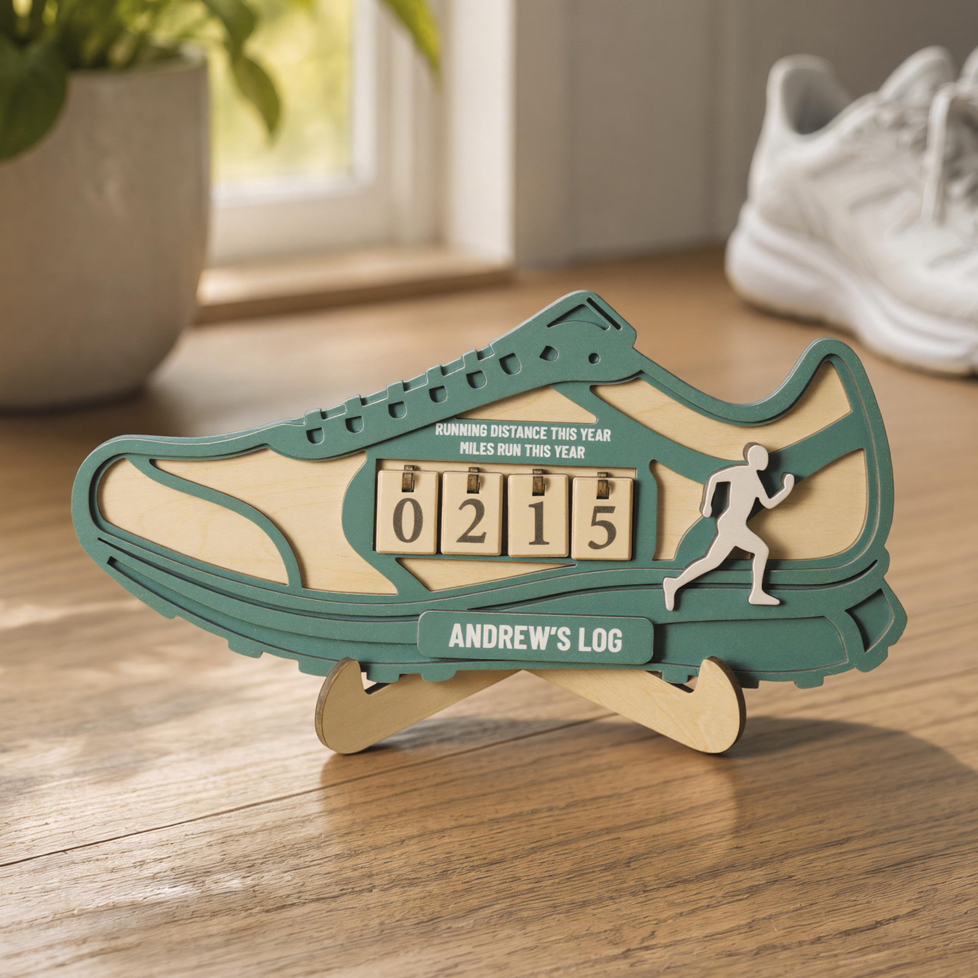 Individuell gestalteter Sneaker-Design-Meilenzähler aus Holz mit Namen – Wohnaccessoire, Geschenk zum Geburtstag oder Jubiläum für Marathon-Begeisterte
