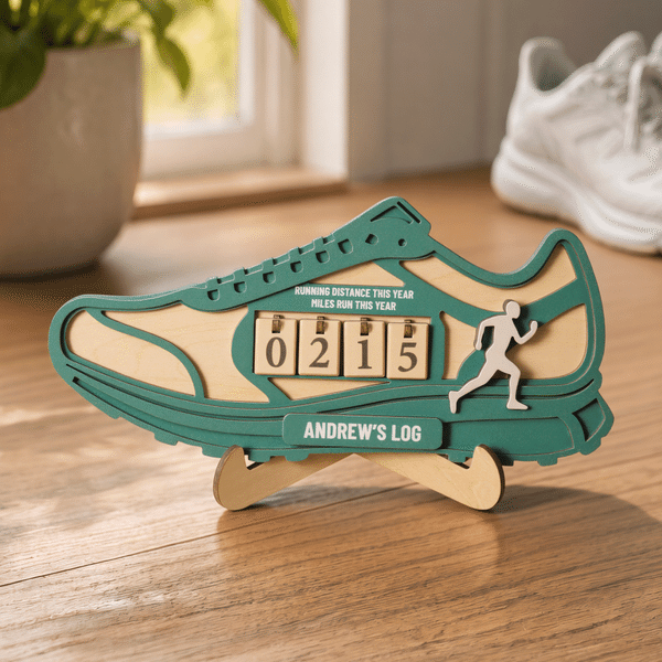 Personalised Sneaker Design Wooden Year Mile Tracker with Name Home Decor Birthday Anniversary Gift for Running Marathon Enthusiasts