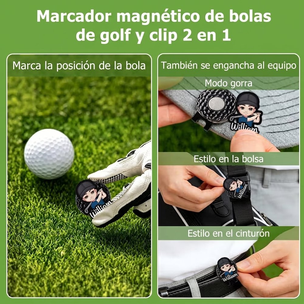 Clip magnético para gorra personalizado con tema de golf personaje de dibujos animados y nombre regalo de cumpleaños para jugadores de golf
