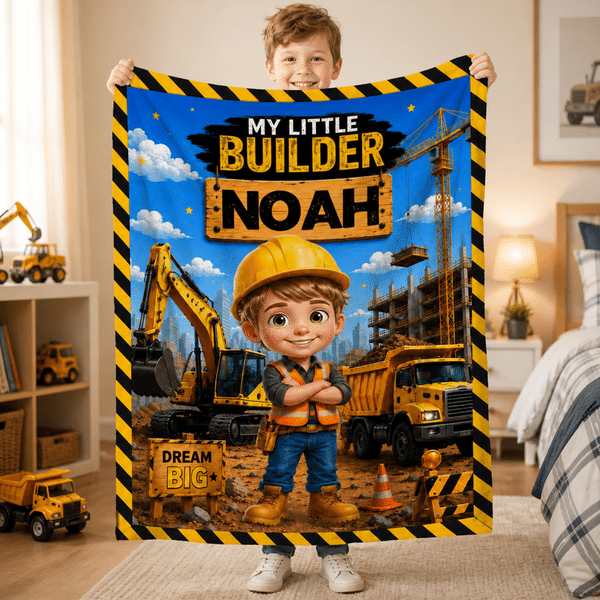 Personalised Cartoon Construction Worker Photo Soft Throw Blanket with Name Home Decor Birthday Children's Day Gift for Kids