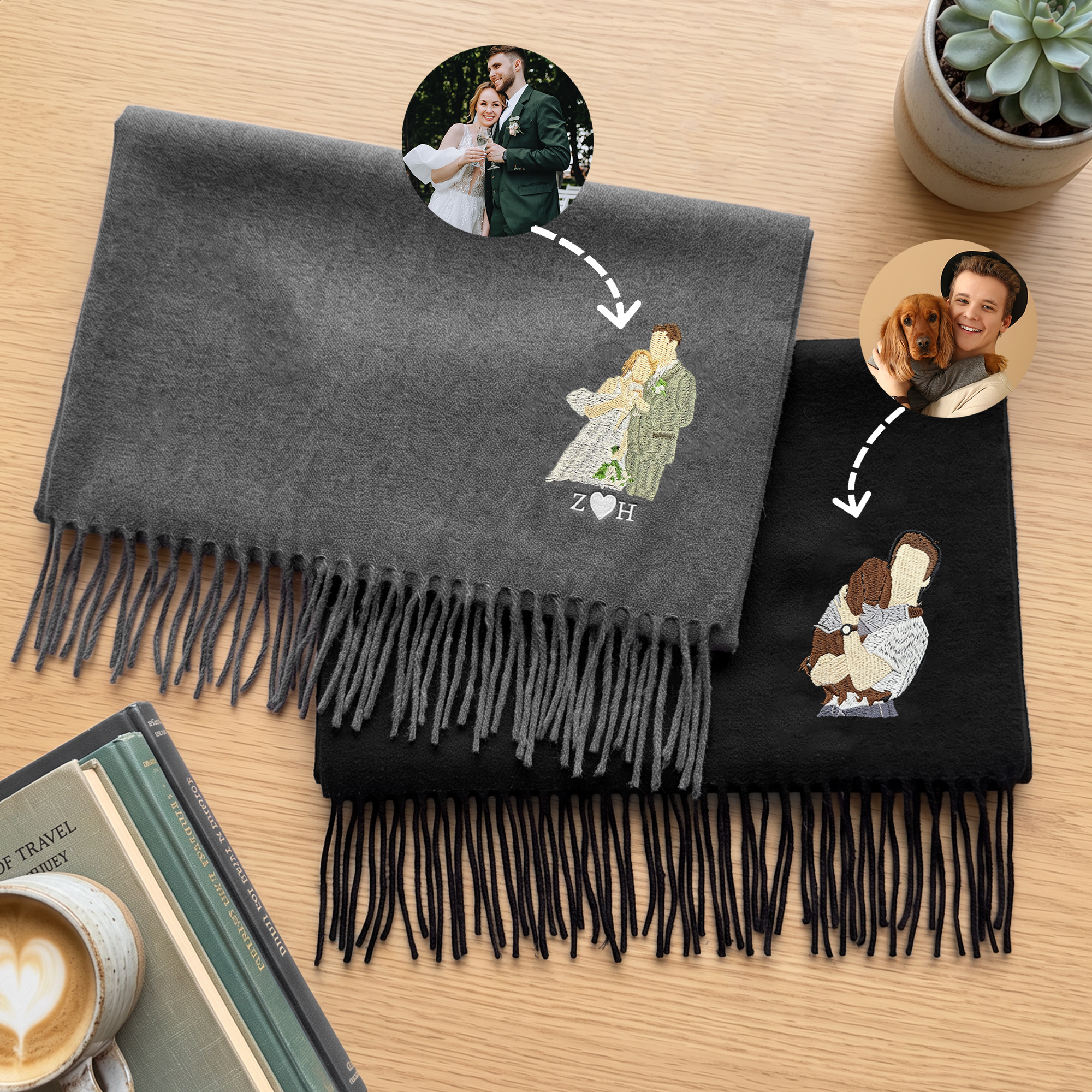 Personalisierter, mehrfarbig bestickter, weicher Schal im Skizzenstil mit Foto und Quasten – warmes Accessoire mit Text, als Hochzeits- oder Geburtstagsgeschenk für Paare und Freunde