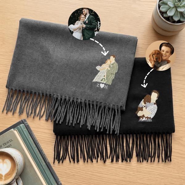 Personalised Multicolour Embroidered Sketch Style Photo Soft Tassel Warm Scarf with Text Wedding Birthday Gift for Couple Friends