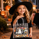 Personalised Black Cat Pumpkin Ghost Halloween-Themed Clear Gift Bag with Name Trick or Treat Halloween Party for Kids Boys Girls