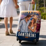 Personalized Travel Scenery Comic Style Couple Photo Luggage Cover Fits 18-32 Inches Suitcase with Name Travel Essential Birthday Gift for Couple