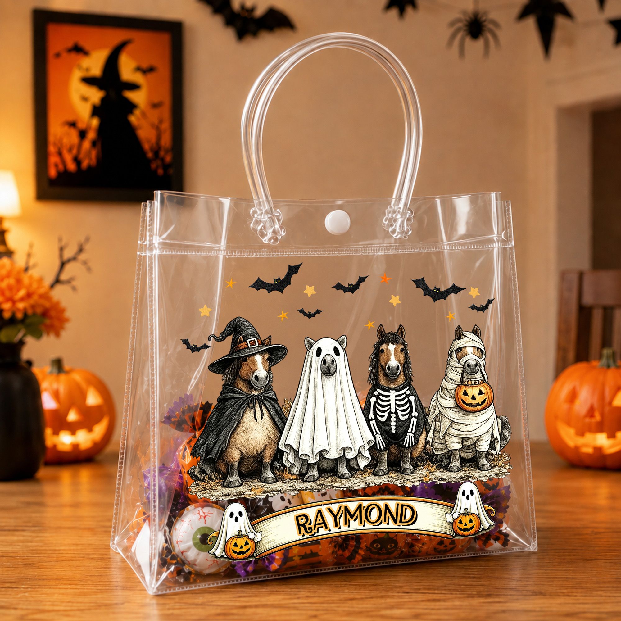 Personalisierte, durchsichtige Geschenktüte zum Thema Halloween mit schwarzer Katze, Kürbis und Geist sowie Namensaufdruck – „Trick or Treat“-Halloween-Party für Kinder (Jungen und Mädchen)