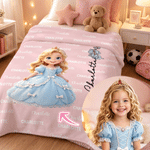 Personalized 3D-Effect Artwork Cartoon Princess Photo Multicolor Soft Throw Blanket with Name Home Decor Baby Shower Birthday Gift for Girls