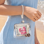 Personalized Beach Theme Coconut Tree Transparent Coin Handbag with Text and Faux Pearl Chain Summer Vacation Beach Party Birthday Gift for Women