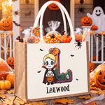 Personlig 3D-effekt med motiv av karakterfoto – stor juteveske med navn og initialer – Halloween-gave til barn: «Trick or Treat»