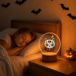 Personalized Halloween Quirky Cat Acrylic LED Night Light with Name and Wooden Base Room Decor Halloween Gift for Kids