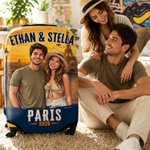 Personalized Travel Scenery Comic Style Couple Photo Luggage Cover Fits 18-32 Inches Suitcase with Name Travel Essential Birthday Gift for Couple