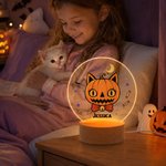 Personalized Halloween Quirky Cat Acrylic LED Night Light with Name and Wooden Base Room Decor Halloween Gift for Kids