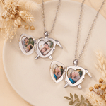 Personalised Sea Turtle 1-2 Heart Photos Necklace with Engraved Text Dainty Jewellery Anniversary Birthday Gift for Woman Ocean Lover