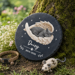 Personalisierter runder, herzförmiger Gartenstein mit Engelsflügeln und Foto Ihres Haustieres, mit Namen und Jahr – Gartendekoration und Gedenkgeschenk für Hunde- und Katzenbesitzer