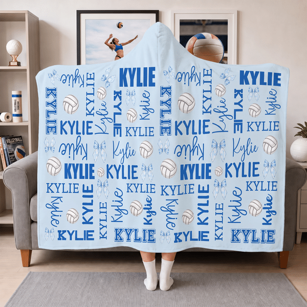 Personalized Multicolour Volleyball Bow Word Cloud Hoodie Blanket with Name Home Decor Birthday Gift for Volleyball Players