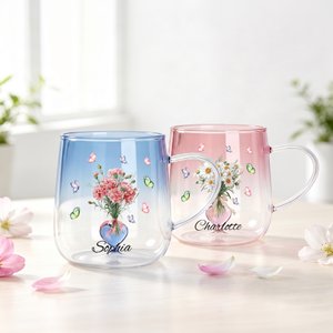 Personalised Butterfly Birth Flower 3D Heart Ornament Heat Resistant Glass Mug with Name Mother's Day Birthday Gift for Mum Woman