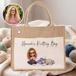 Personalized Knitting Cartoon Character Large Reusable Jute Bag with Photo and Text Daily Use Birthday Sewing Gift for Knitting Lover Woman