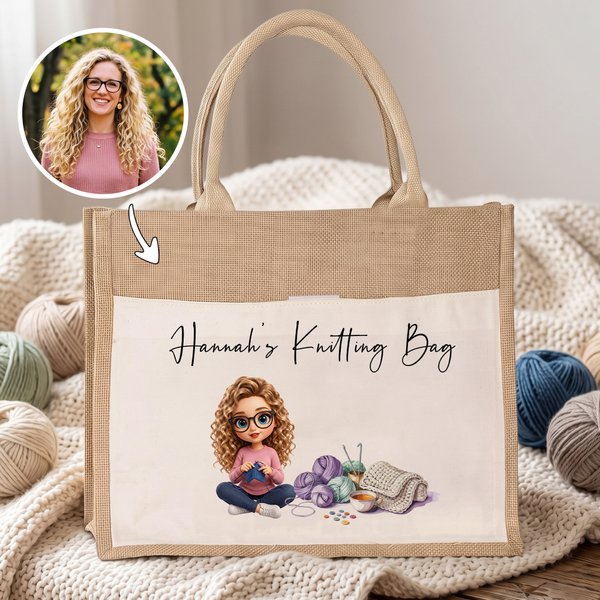 Personalized Knitting Cartoon Character Large Reusable Jute Bag with Photo and Text Daily Use Birthday Sewing Gift for Knitting Lover Woman