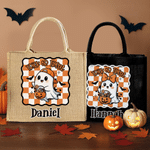 Personalised Halloween Cartoon Ghost Bat Large Capacity Jute Bag with Name Halloween Party Trick or Treat Activity Gift for Kids