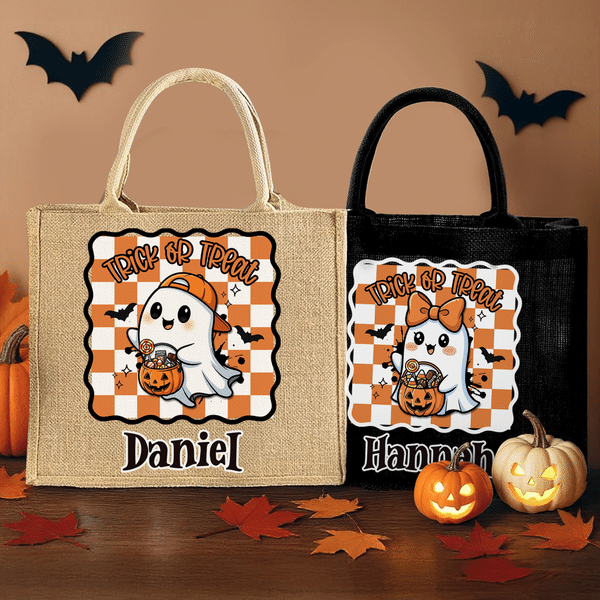 Personalised Halloween Cartoon Ghost Bat Large Capacity Jute Bag with Name Halloween Party Trick or Treat Activity Gift for Kids