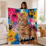 Personalized Graffiti Oil Pet Photo Soft Throw Blanket with Name Home Decor Daily Use Birthday Gift for Pet Lovers Family