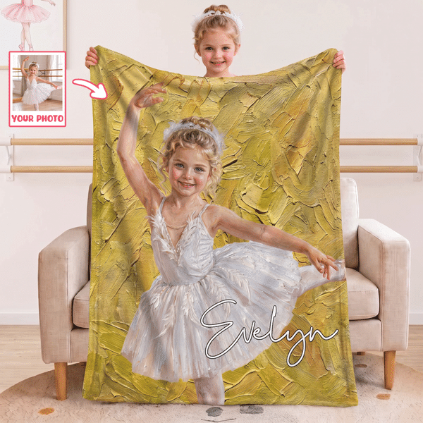 Personalized Oil Painting Style Ballet Girl Photo Soft Throw Blanket with Name Living Room Decor Birthday Gift for Girls Ballet Lovers