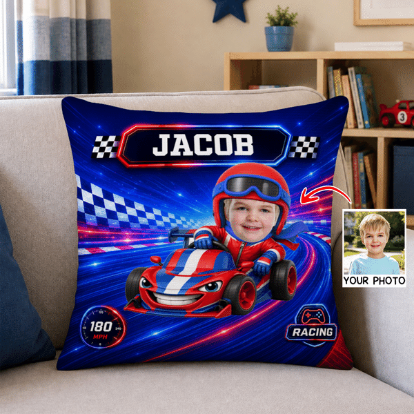 Personalised Fantasy Racing Car Photo Soft Cushion Cover with Name Home Decor Back to School Birthday Gift for Kids