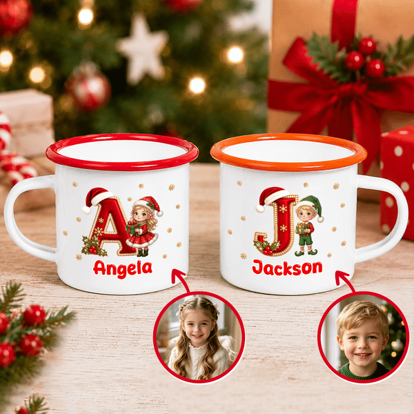 Personalized Cute Snowflake Santa Hat Letter Cartoon Character Enamel Mug with Name Holiday Christmas Gift for Children