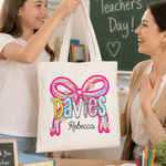 Personalised Bow Flower Large Capacity Canvas Bag with Surname and Name Daily Use Back to School Birthday Gift for Teachers