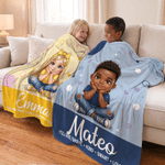 Personalised Polka Dot Cartoon Character Photo Soft Throw Blanket with Name Home Decor Birthday Children's Day Gift for Kids