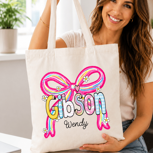 Personalised Bow Flower Large Capacity Canvas Bag with Surname and Name Daily Use Back to School Birthday Gift for Teachers